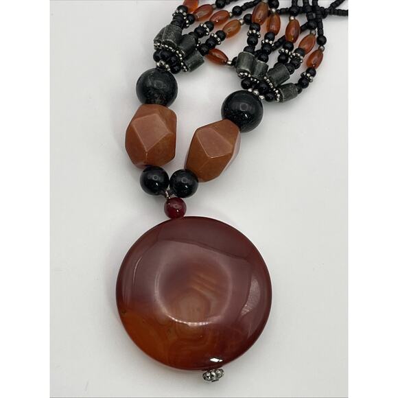Agate Gemstone Disc Pendant Necklace Multi Strand Stone Beads Orange Brown Black - Picture 9 of 16